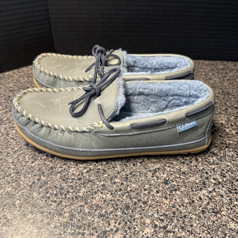 LL Bean Wicked Good Slippers Womens 8 Blue Gray Suede Moccasins Shearling‎ Lined